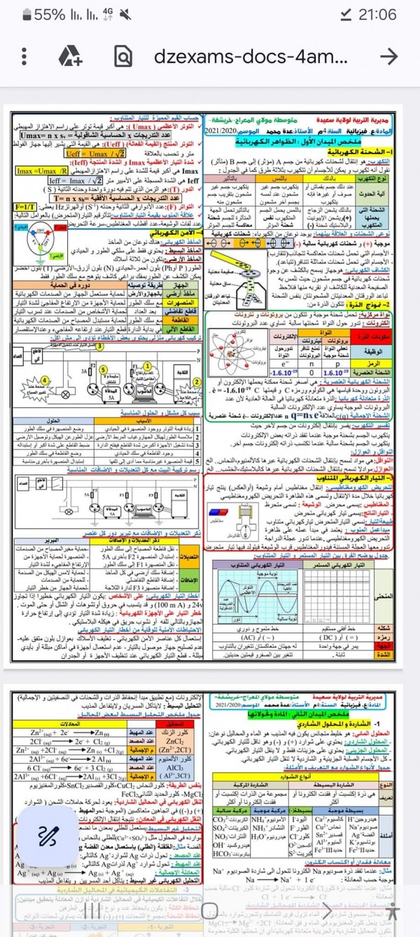 ملخص كامل مادة الفيزياء للسنة الرابعة متوسط