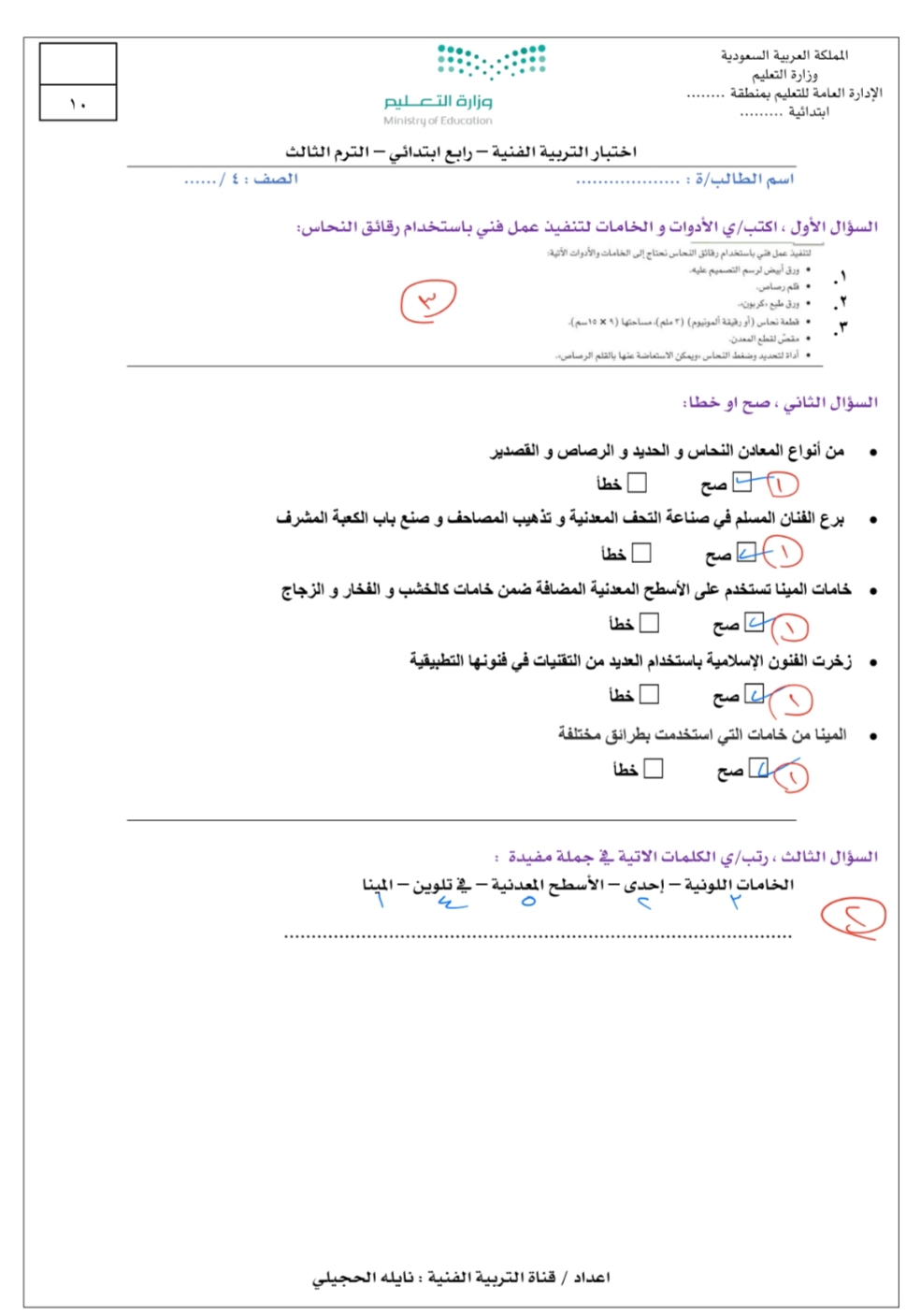 امتحان التربية الفنية رابع ابتدائي الترم الثالث 1444