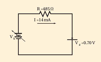 وصل دايود السليكون في اتجاه منحاز إلى الأمام مع مصدر قدرة من خلال مقاوم مقداره 485Ω، كما موضح أدناه، إذا كان هبوط جهد الدايود يساوي 0.7V، فما مقدار جهد مصدر القدرة عندما يكون تيار الدايود 14