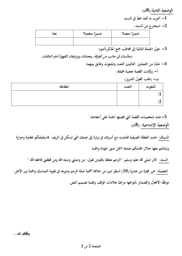 فرض في مادة اللغة العربية 1 متوسط الفصل الاول