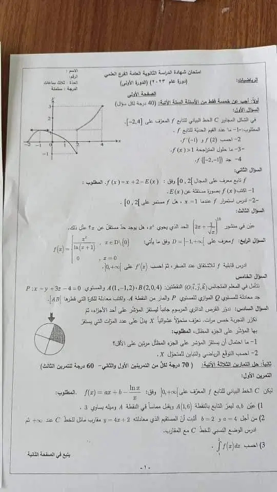 نموذج امتحان شهادة الثانوية العامة  2023 رياضيات علمي