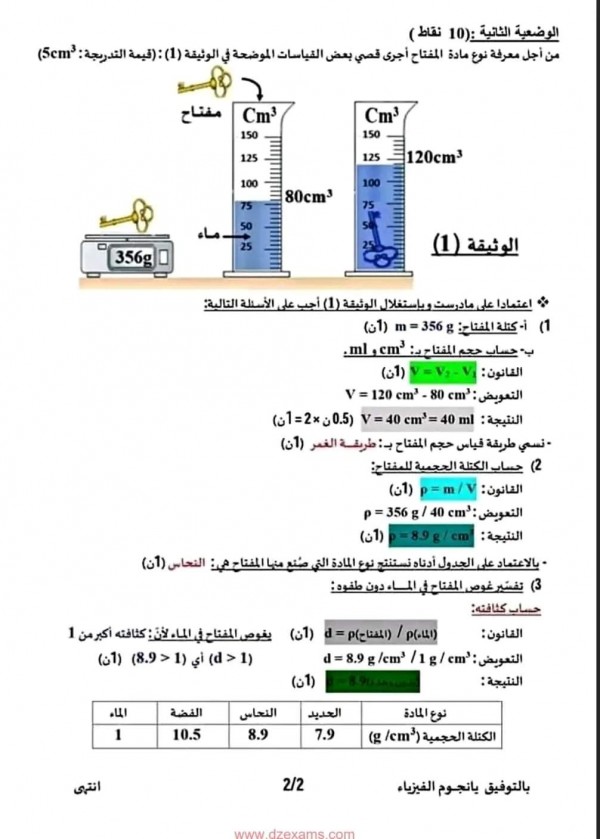 حل فروض واختبارات في مادة الفيزياء للسنة أولى متوسط